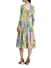 Tie-Neck Foxgloves Long-Sleeve Midi-Dress