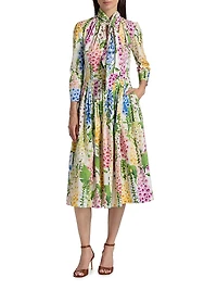 Tie-Neck Foxgloves Long-Sleeve Midi-Dress