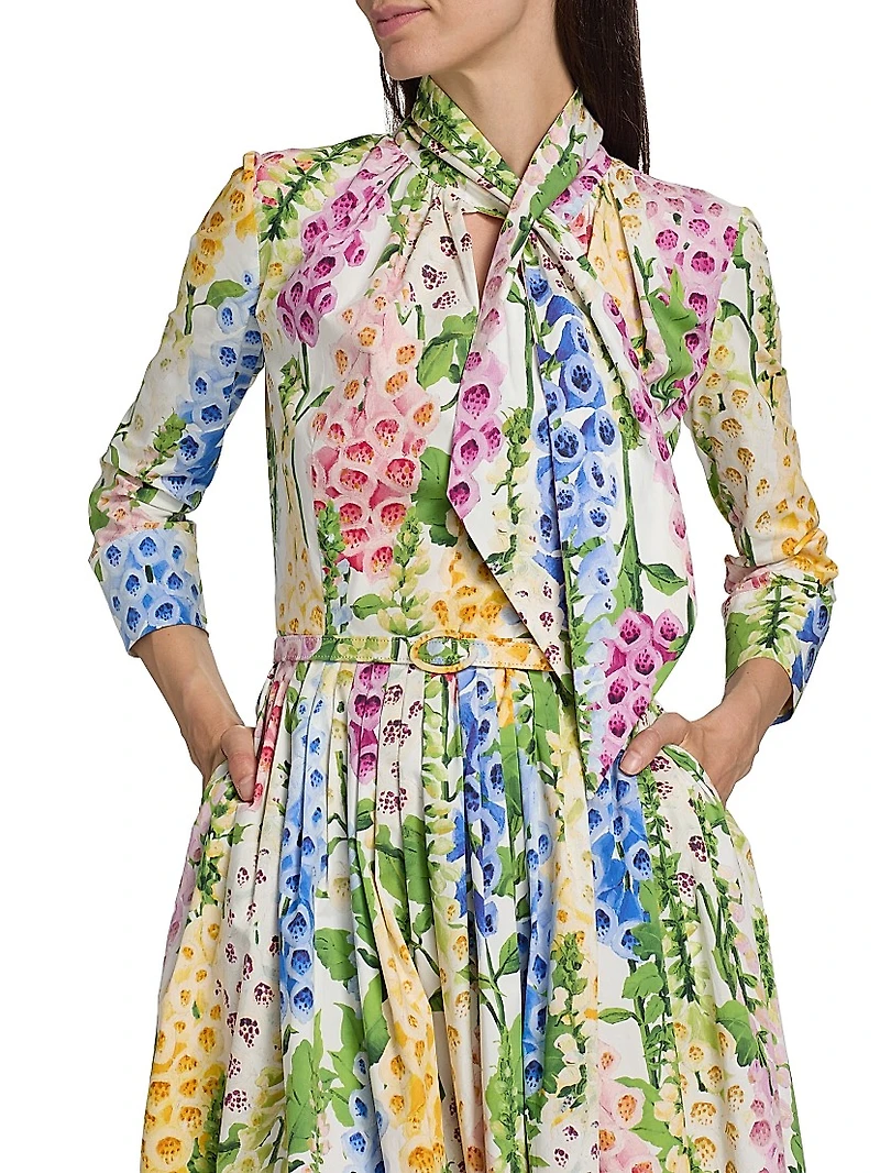 Tie-Neck Foxgloves Long-Sleeve Midi-Dress