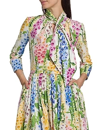 Tie-Neck Foxgloves Long-Sleeve Midi-Dress