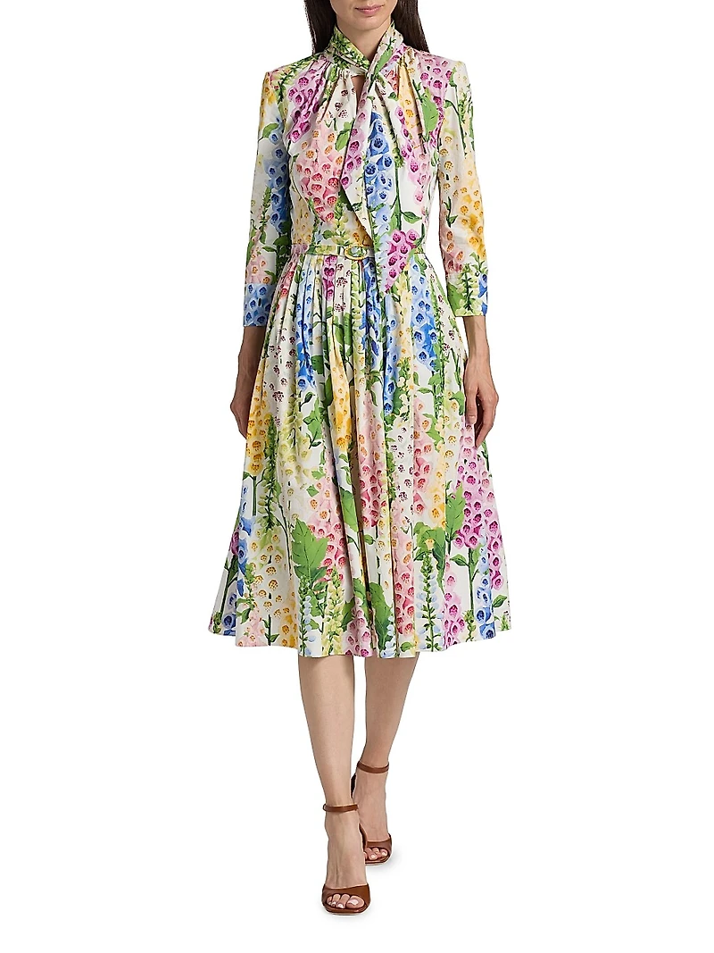 Tie-Neck Foxgloves Long-Sleeve Midi-Dress
