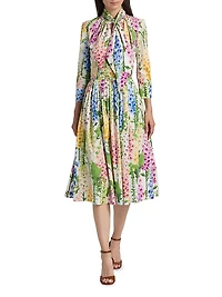 Tie-Neck Foxgloves Long-Sleeve Midi-Dress