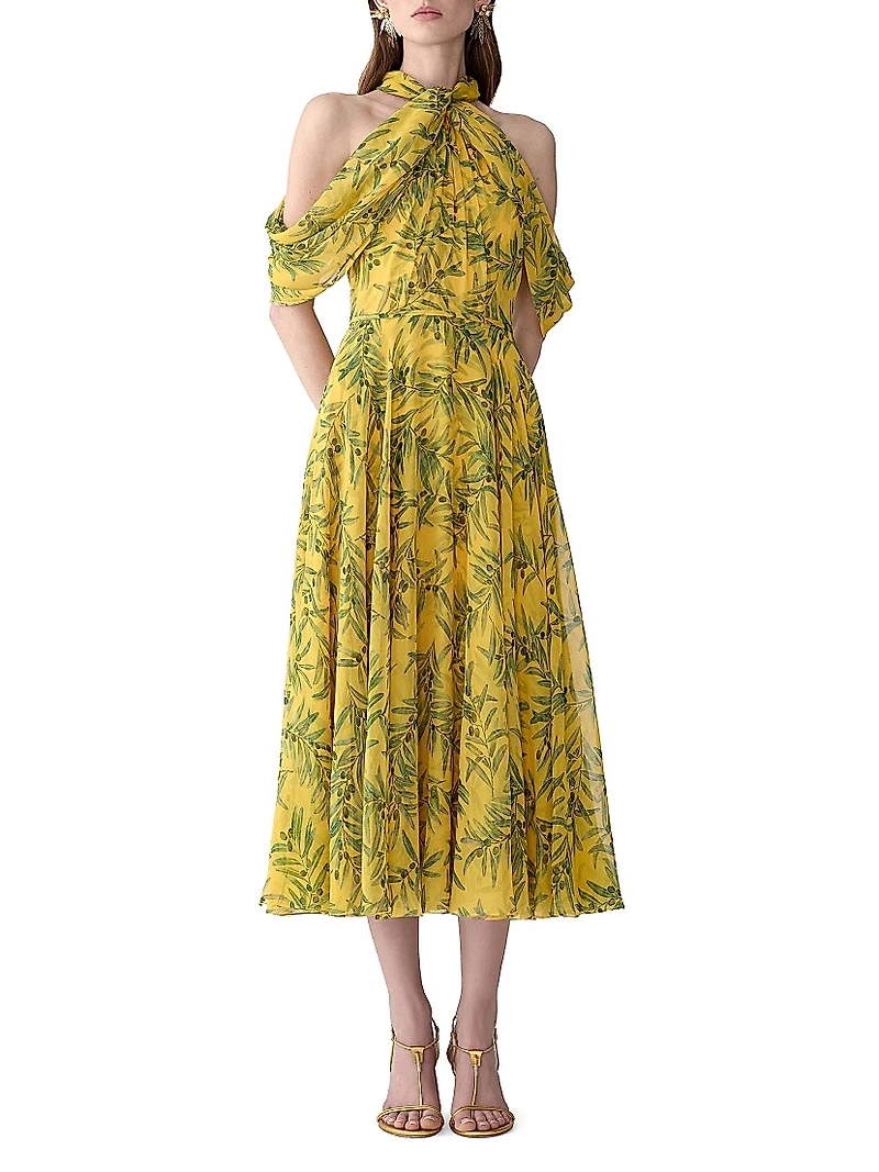 Draped Printed Silk Cold-Shoulder Cocktail Dress