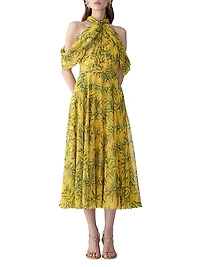 Draped Printed Silk Cold-Shoulder Cocktail Dress