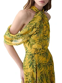 Draped Printed Silk Cold-Shoulder Cocktail Dress
