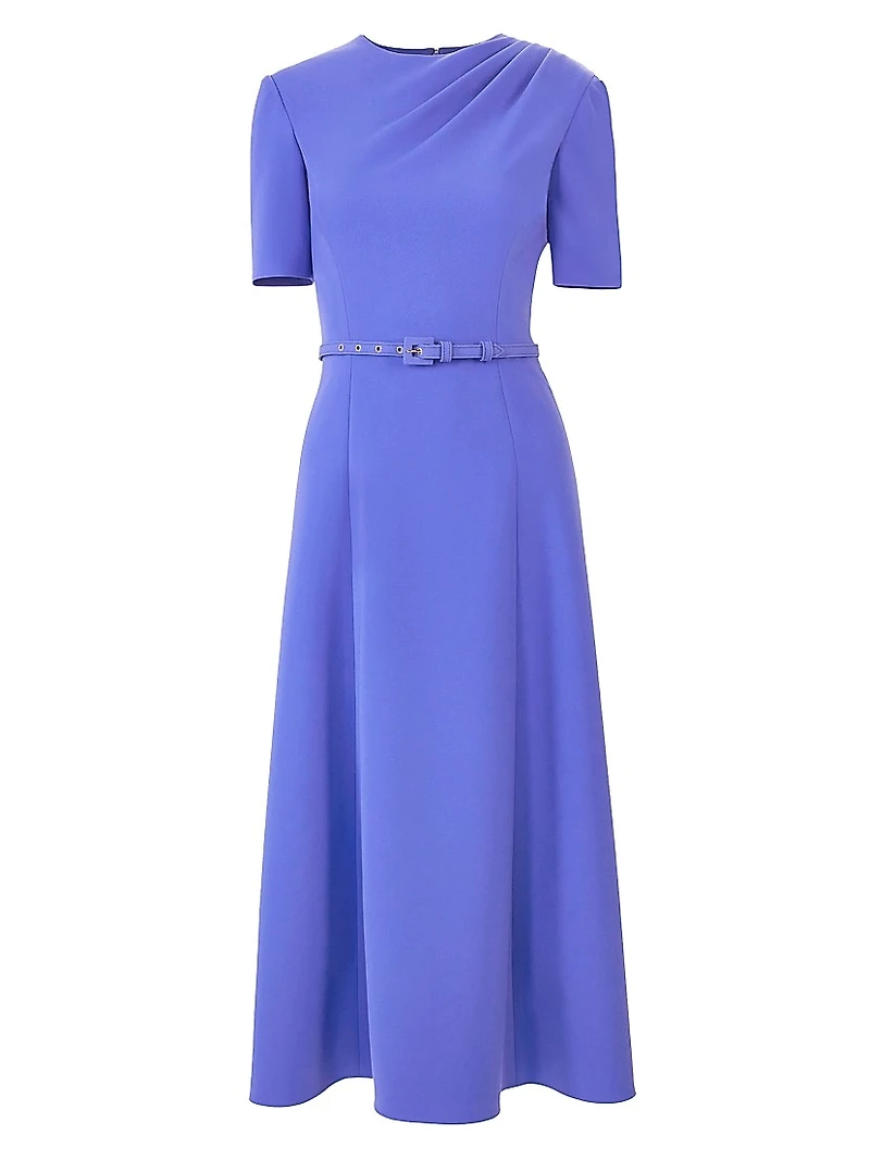 Draped-Shoulder Belted Midi-Dress