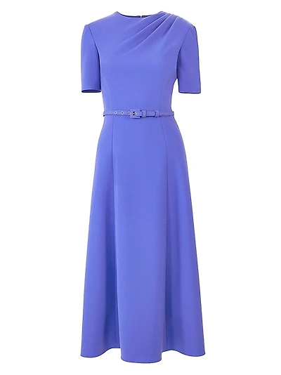 Draped-Shoulder Belted Midi-Dress