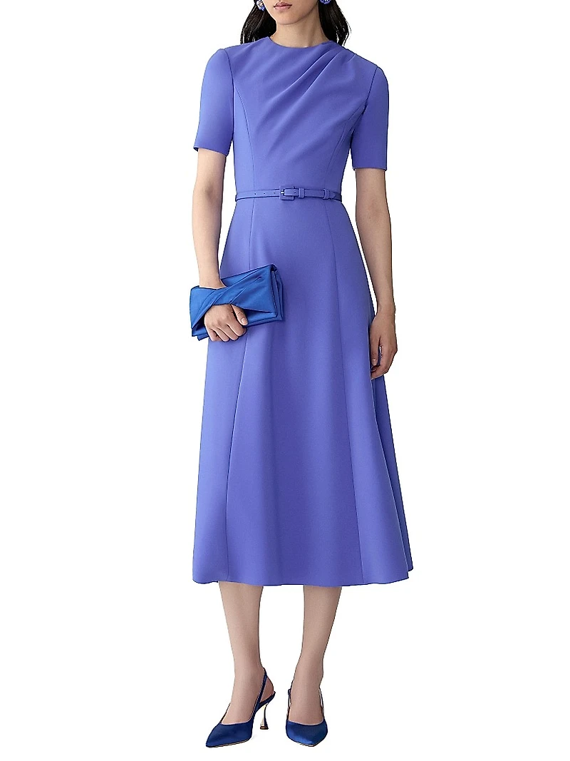 Draped-Shoulder Belted Midi-Dress