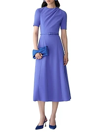 Draped-Shoulder Belted Midi-Dress