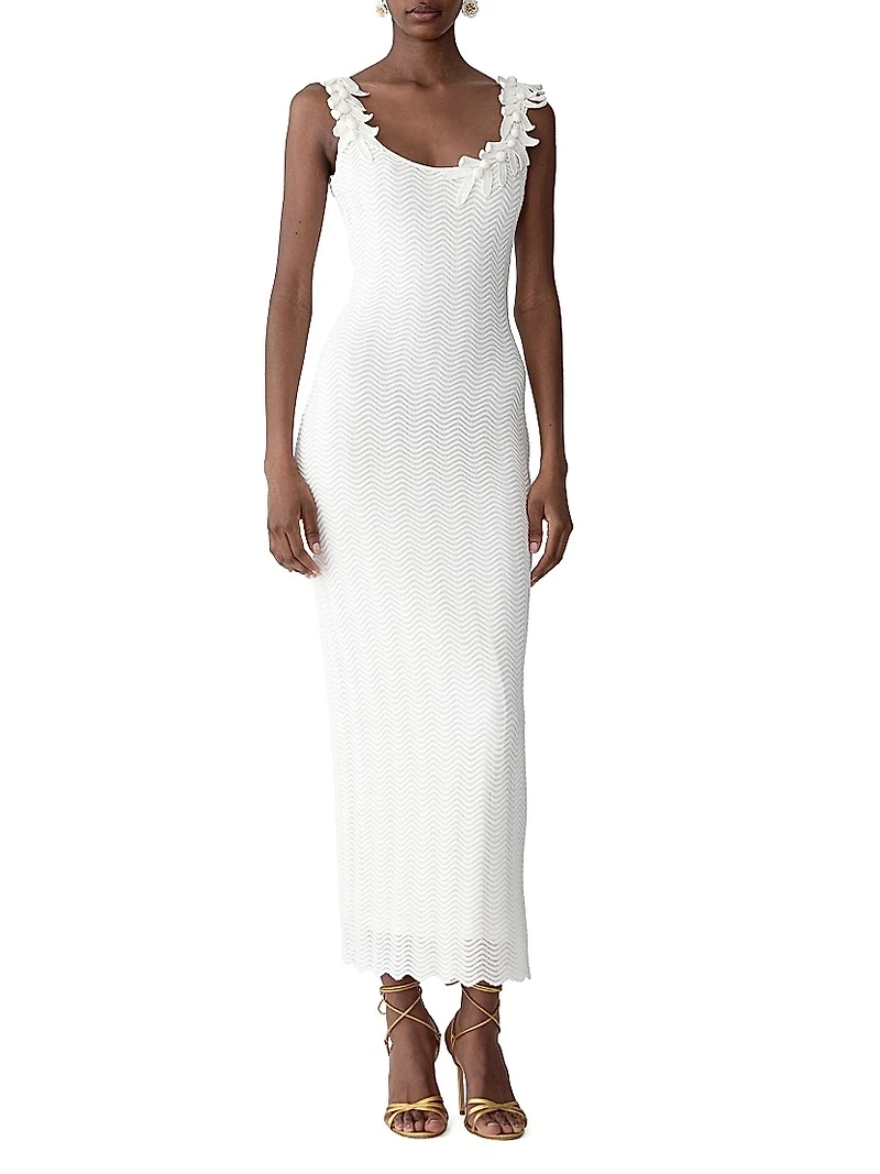 Leaf-Embroidered Knit Maxi Dress