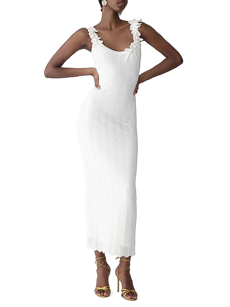 Leaf-Embroidered Knit Maxi Dress