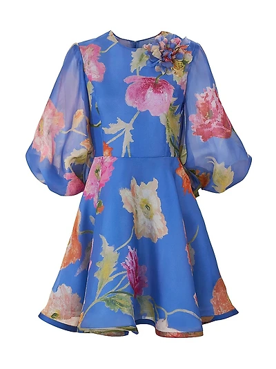 Floral Silk Puff-Sleeve Minidress