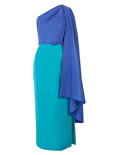 Colorblocked Silk Draped Shoulder Sheath Gown