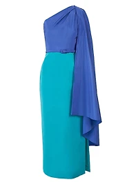 Colorblocked Silk Draped Shoulder Sheath Gown