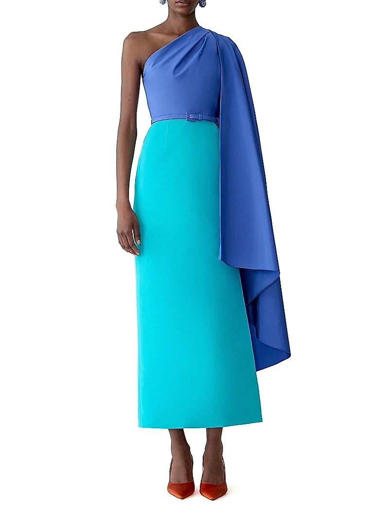 Colorblocked Silk Draped Shoulder Sheath Gown