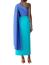 Colorblocked Silk Draped Shoulder Sheath Gown