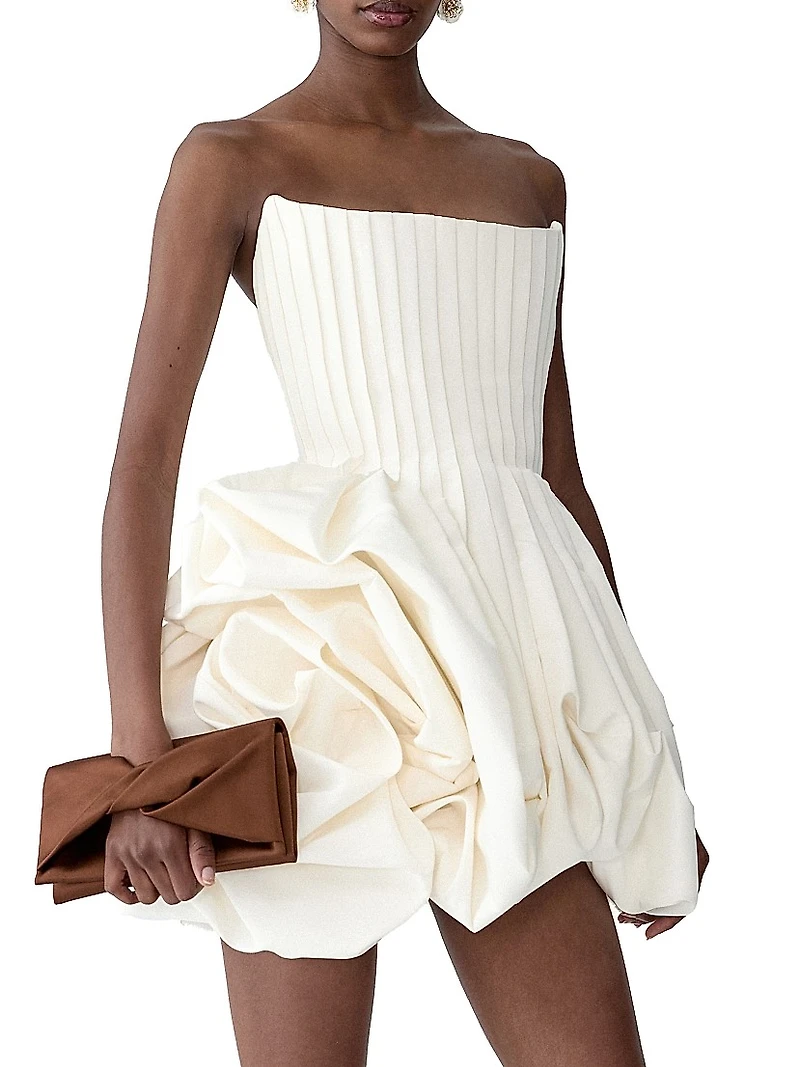 Pleated Gathered Rose-Effect Minidress