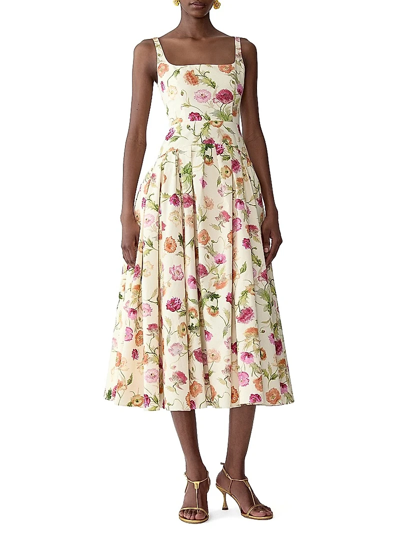 Floral Stretch Cotton Dropped-Waist Midi-Dress