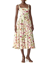 Floral Stretch Cotton Dropped-Waist Midi-Dress