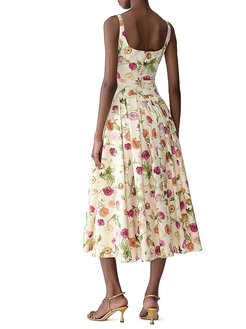 Floral Stretch Cotton Dropped-Waist Midi-Dress