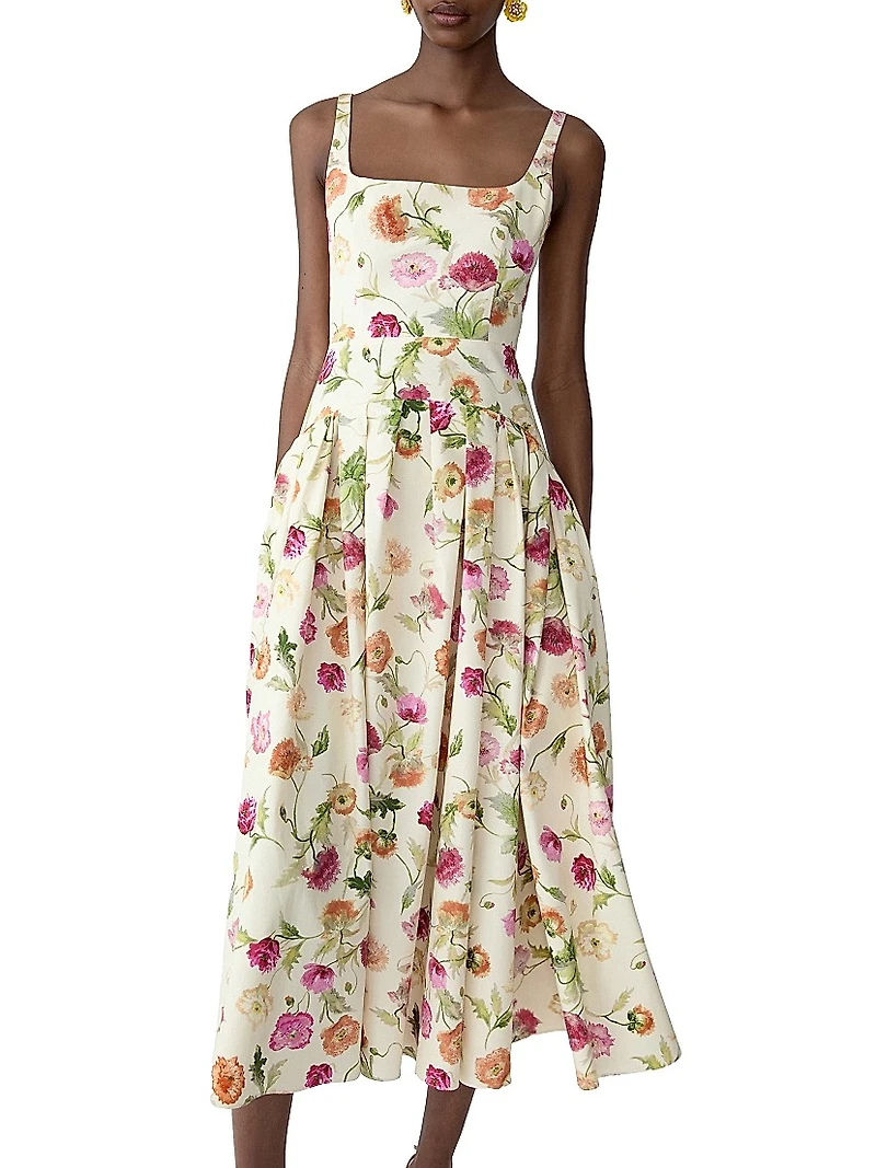 Floral Stretch Cotton Dropped-Waist Midi-Dress