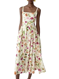 Floral Stretch Cotton Dropped-Waist Midi-Dress
