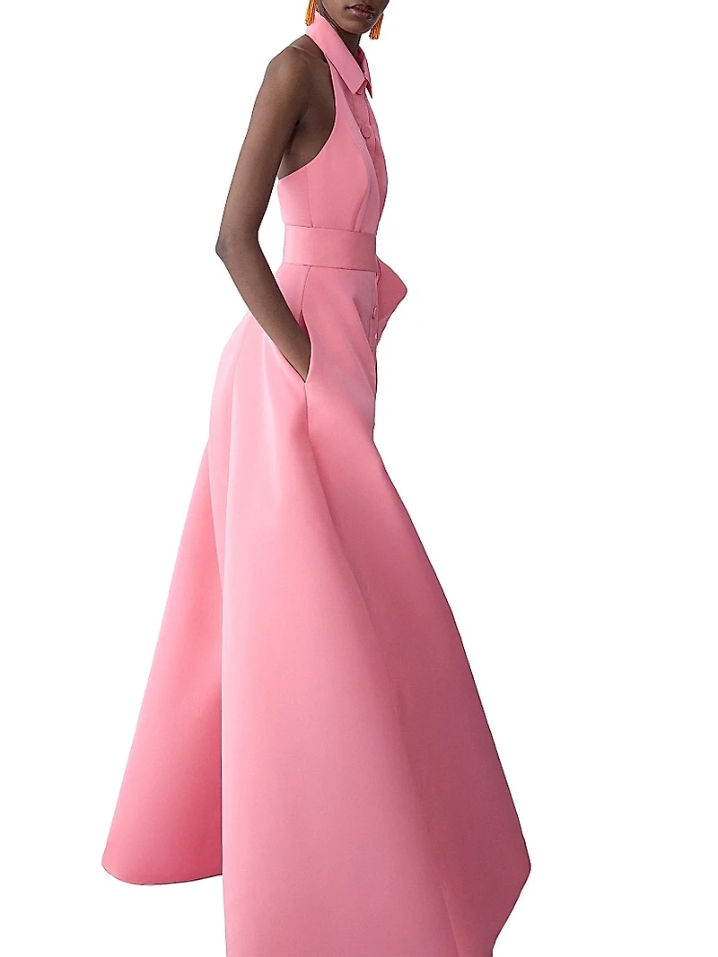 Collared Halter Silk A-Line Gown