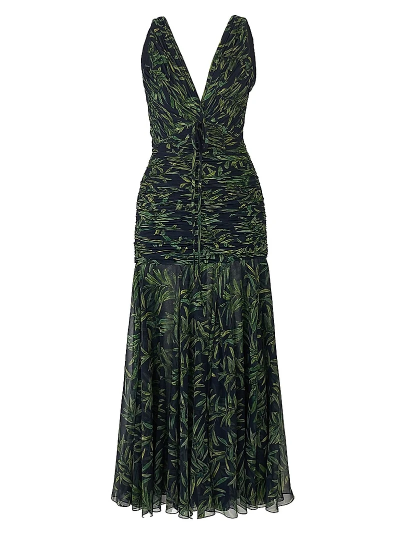 Gathered V-Neck Midi-Dress