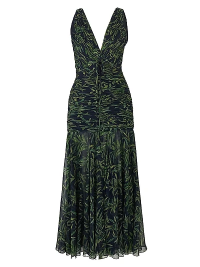 Gathered V-Neck Midi-Dress