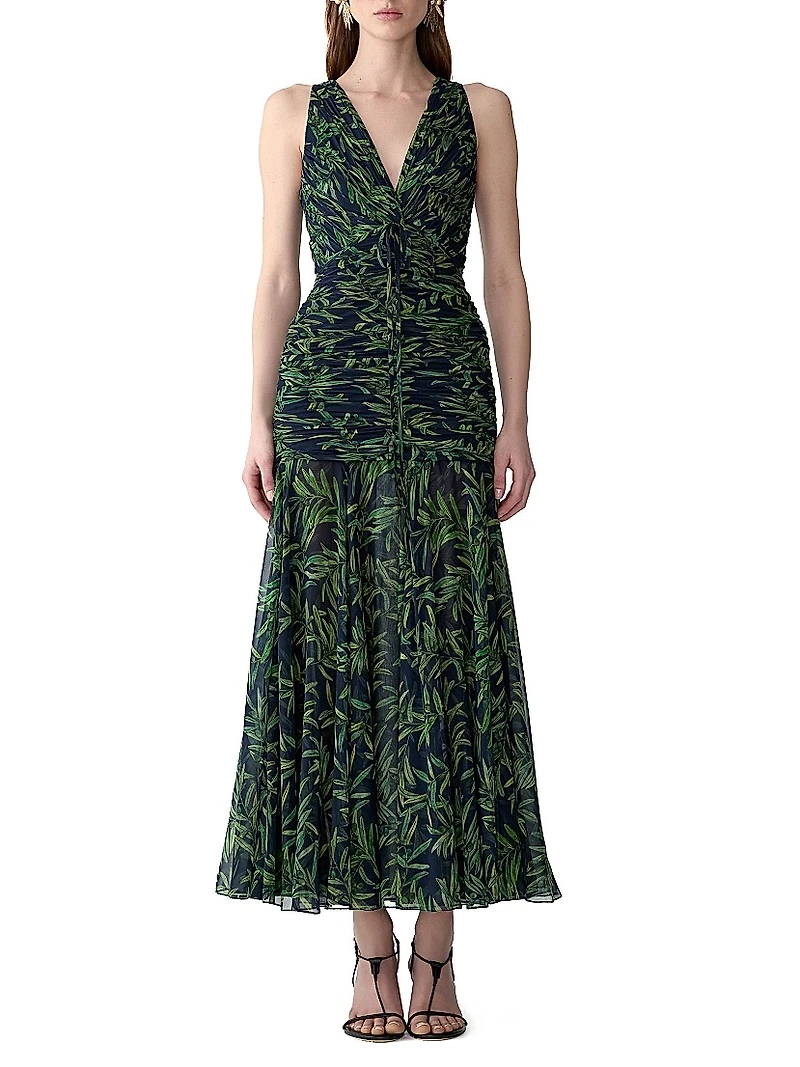 Gathered V-Neck Midi-Dress
