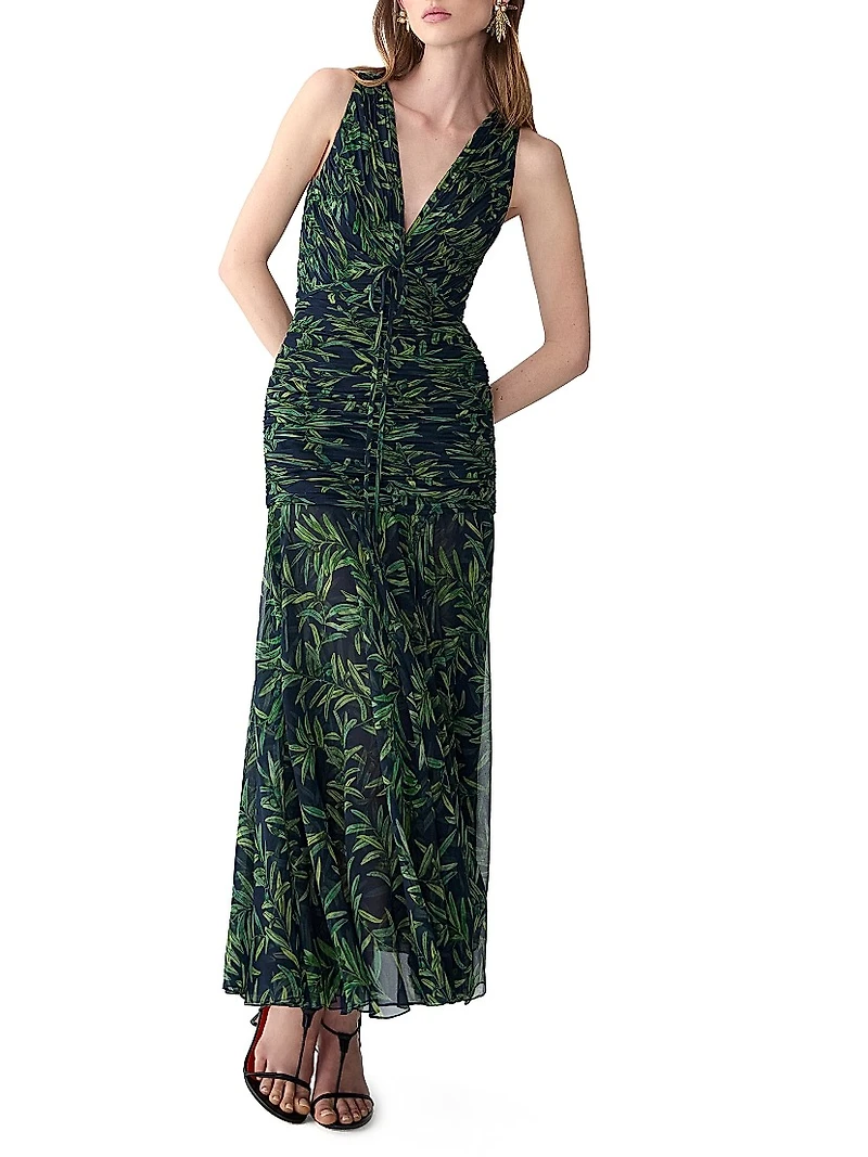 Gathered V-Neck Midi-Dress