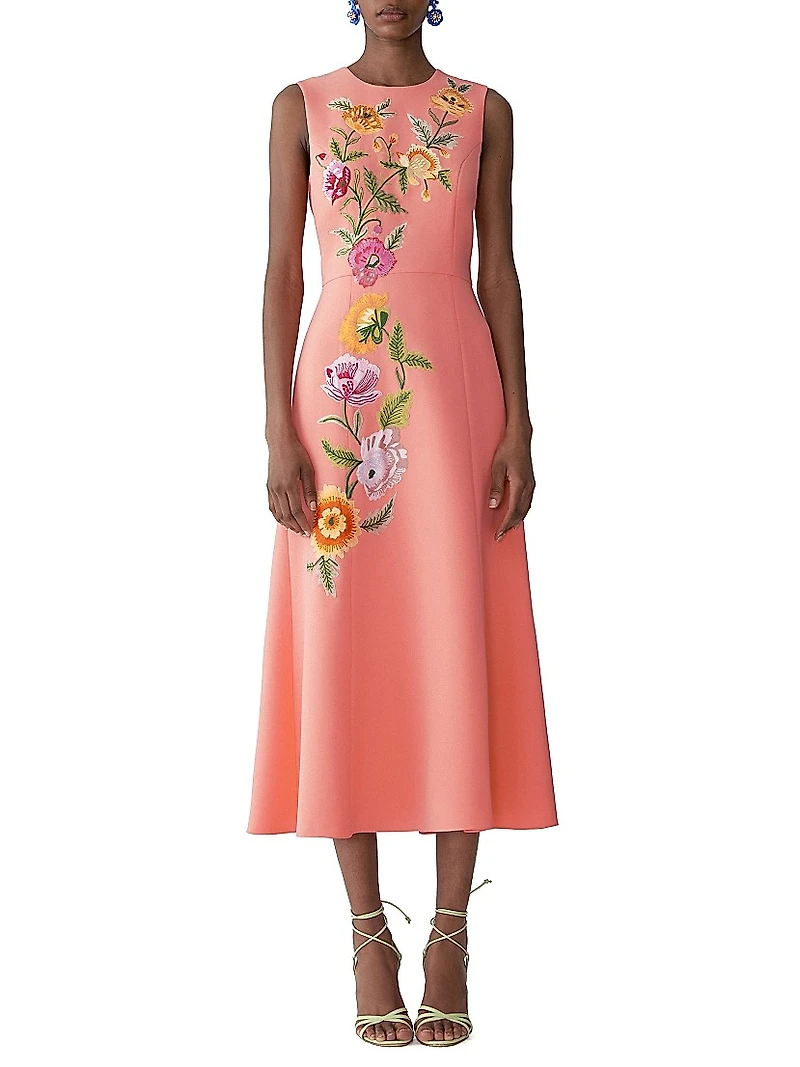 Embroidered Sleeveless Fit & Flare Midi-Dress