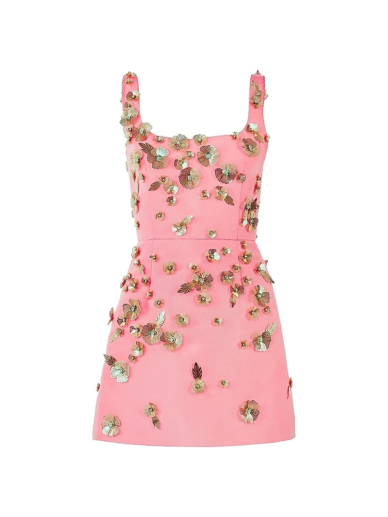Floral Embellished Thin-Strap Silk Minidress