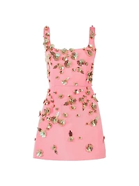 Floral Embellished Thin-Strap Silk Minidress