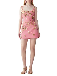 Floral Embellished Thin-Strap Silk Minidress