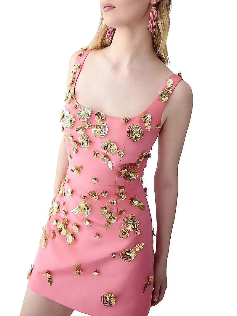 Floral Embellished Thin-Strap Silk Minidress