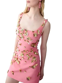 Floral Embellished Thin-Strap Silk Minidress