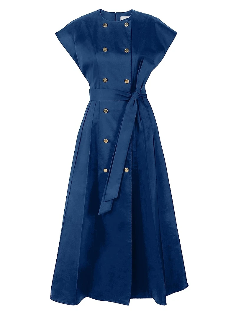 Double-Breasted & Belted Stretch-Cotton A-Line Midi-Dress