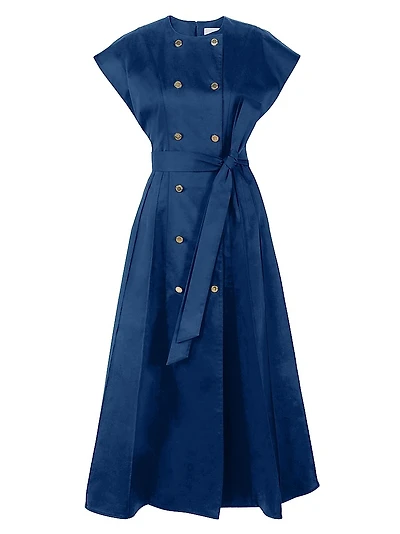 Double-Breasted & Belted Stretch-Cotton A-Line Midi-Dress