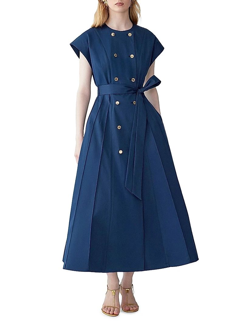 Double-Breasted & Belted Stretch-Cotton A-Line Midi-Dress