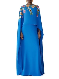 Floral-Embroidered Cape Caftan-Inspired Gown