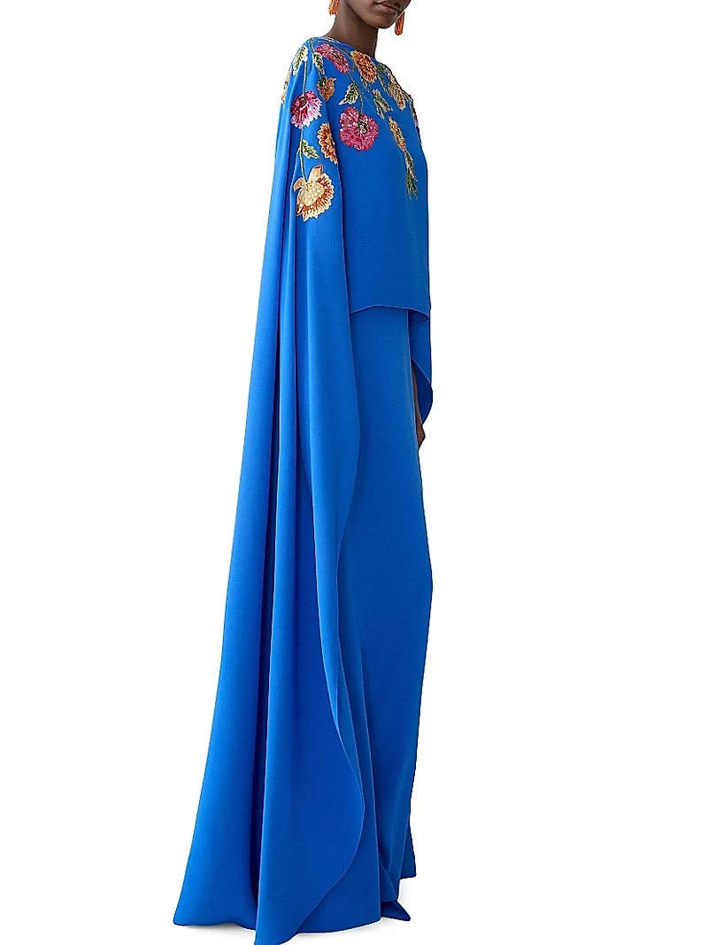 Floral-Embroidered Cape Caftan-Inspired Gown