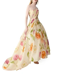Pleated Floral Strapless High-Low Gown