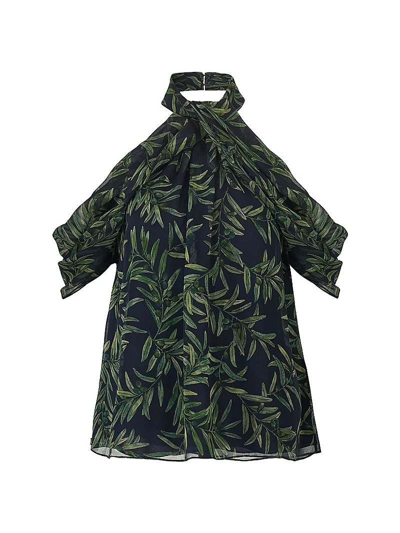 Leaf-Print Draped Halterneck Off-The-Shoulder Blouse