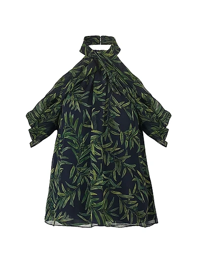 Leaf-Print Draped Halterneck Off-The-Shoulder Blouse
