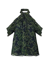 Leaf-Print Draped Halterneck Off-The-Shoulder Blouse