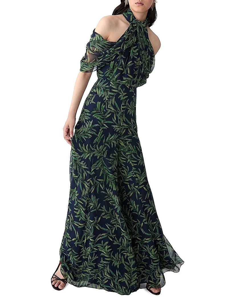 Leaf-Print Draped Halterneck Off-The-Shoulder Blouse