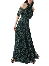 Leaf-Print Draped Halterneck Off-The-Shoulder Blouse