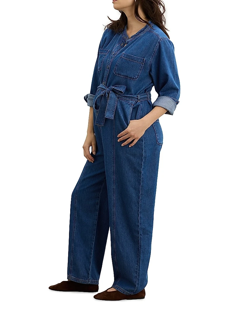 The Drapey Denim Maternity Jumpsuit
