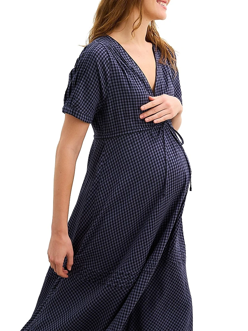 The V Neck Gingham Seersucker Maternity Dress